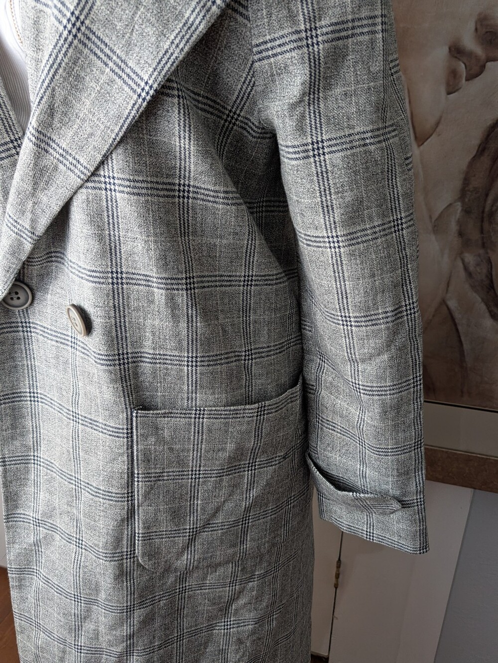 LOB Gray Plaid Long Women's Coat - Classic Tailored Overcoat Size XS 44"Length - Picture 4 of 10